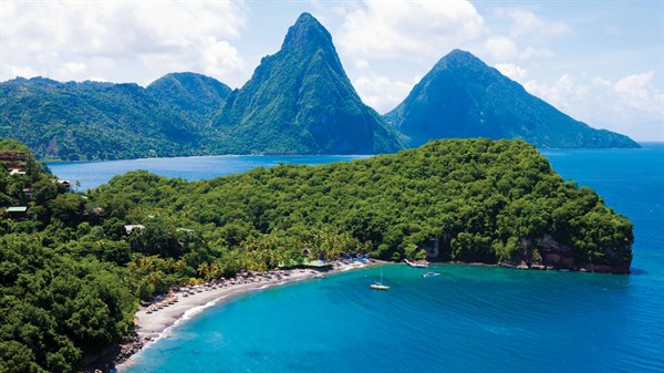 Aerial view of the resort and Pitons